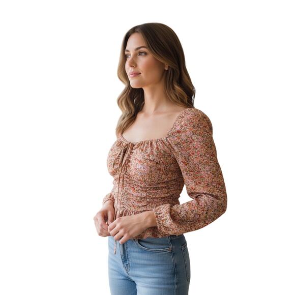 Beyond Words Tops - NWT! Beyond Words Red Floral Ruched Long Sleeve Smocked Peplum Crop Top Women M